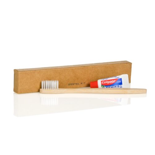 Contemporary Collection bamboo dental kit with bamboo toothbrush and toothpaste in recycled kraft box.