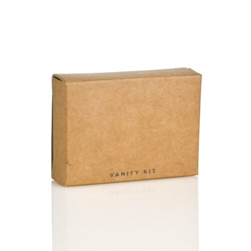 Contemporary Collection vanity kit with cotton balls, earbuds and nail file in recycled kraft box for hospitality.