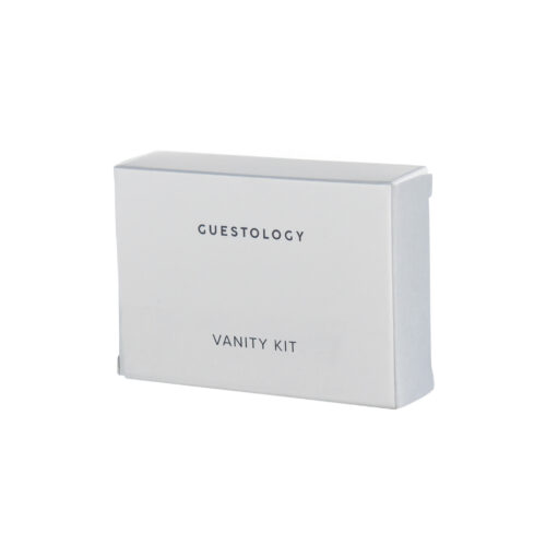 Guestology vanity kit with cotton buds, pads and mini nail file in recyclable box for boutique stays.