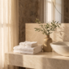 Boutique guest bathroom vanity with amenity tray and folded towels