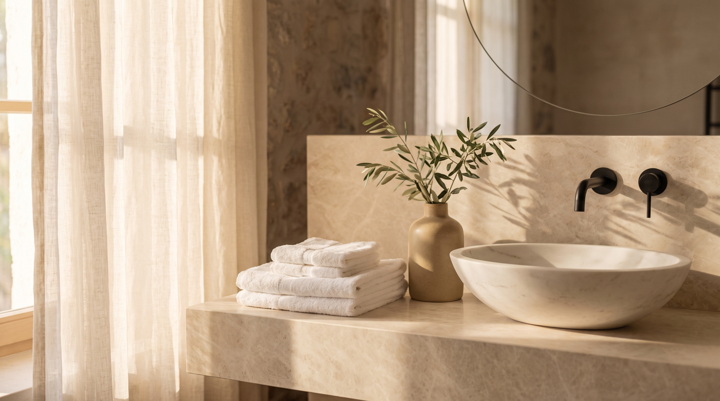 Boutique guest bathroom vanity with amenity tray and folded towels