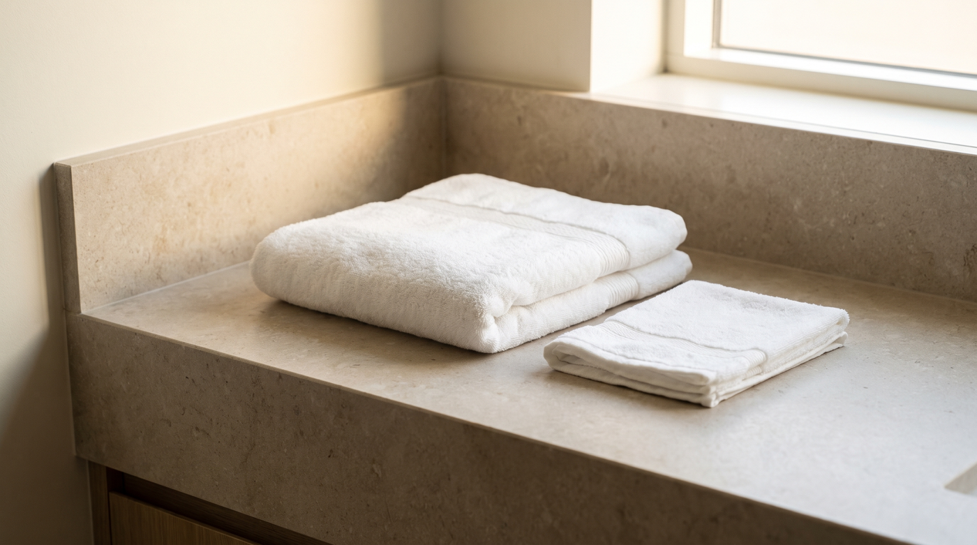 Sealed guest amenities and sanitary bag on a bathroom counter