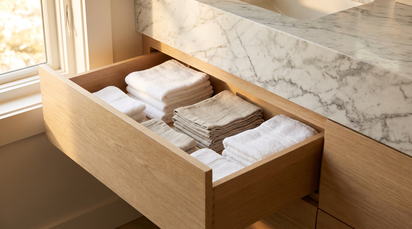 Forgotten item kits arranged in a guest room drawer
