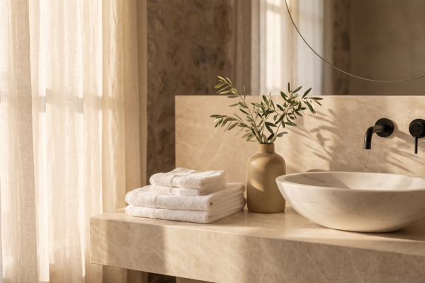 Boutique guest bathroom vanity with amenity tray and folded towels